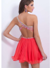 Coral Chiffon Beaded One Shoulder Open Sexy Back Knee Length Prom Dress 